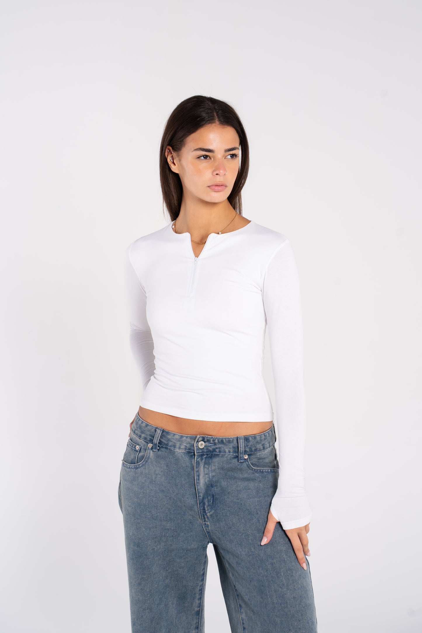 COTTON ROUND NECK ZIPPER LONG SLEEVE
