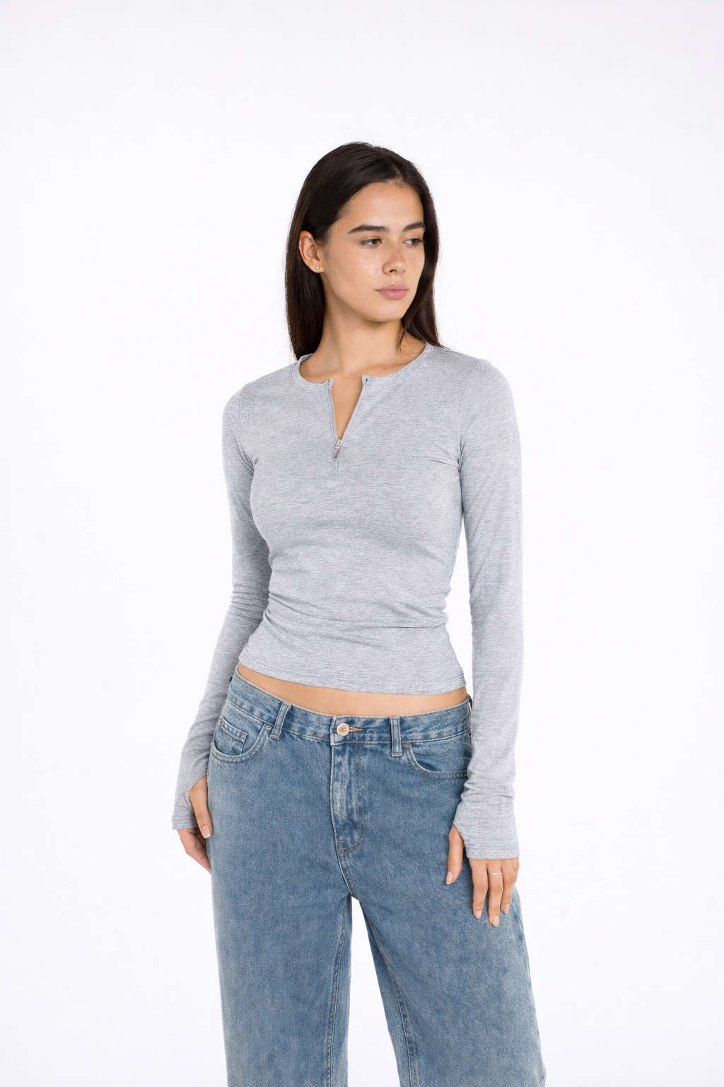COTTON ROUND NECK ZIPPER LONG SLEEVE