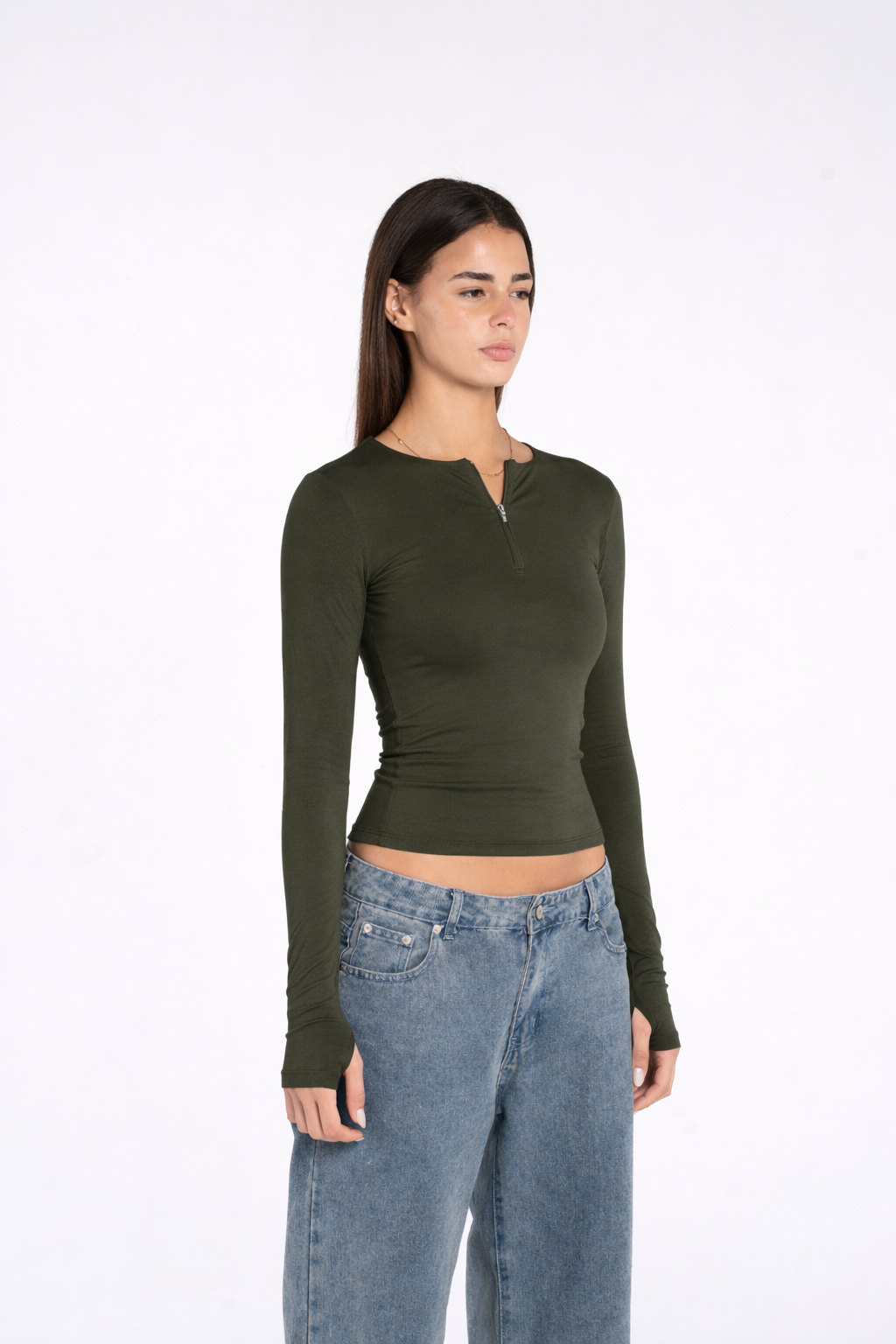 COTTON ROUND NECK ZIPPER LONG SLEEVE