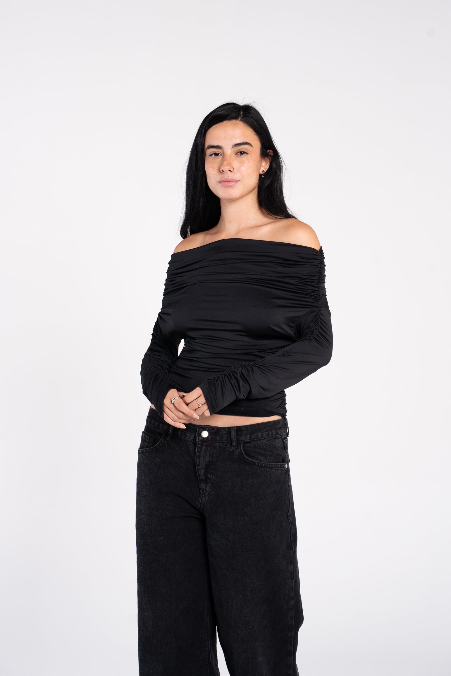OFF SHOULDER RUCHED LONG SLEEVE