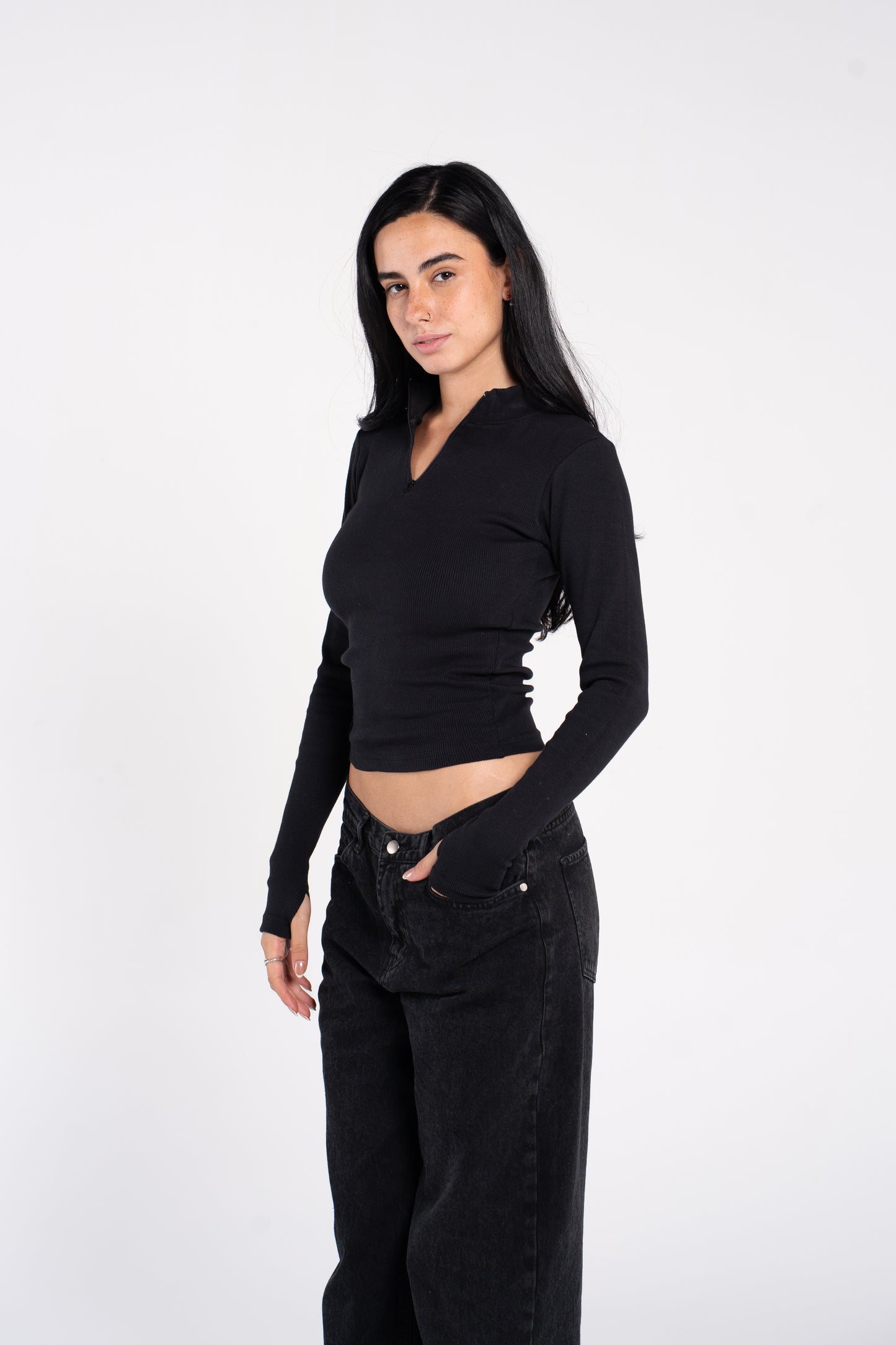 RIBBED HIGH NECK ZIPPER LONG SLEEVE