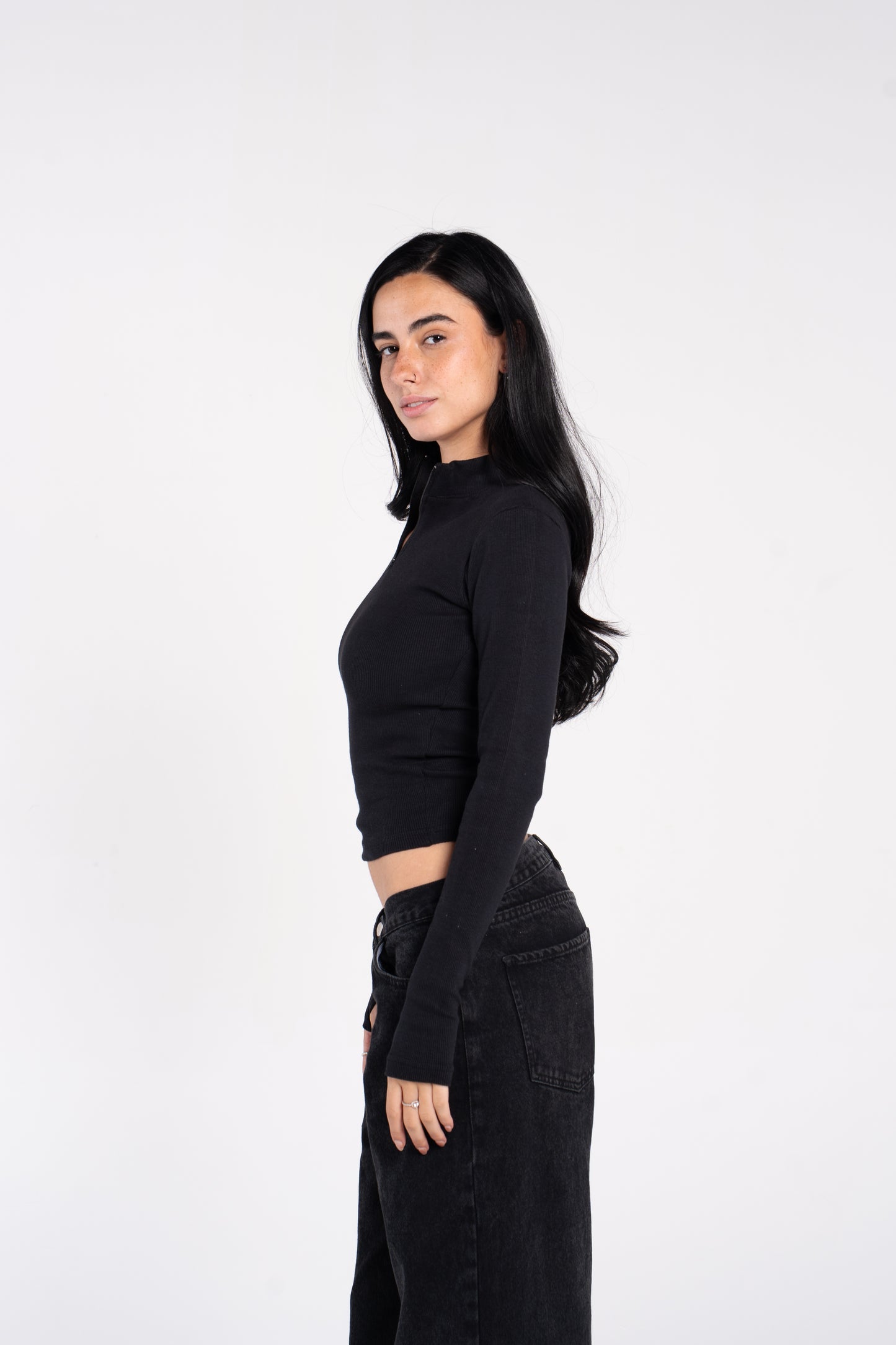 RIBBED HIGH NECK ZIPPER LONG SLEEVE