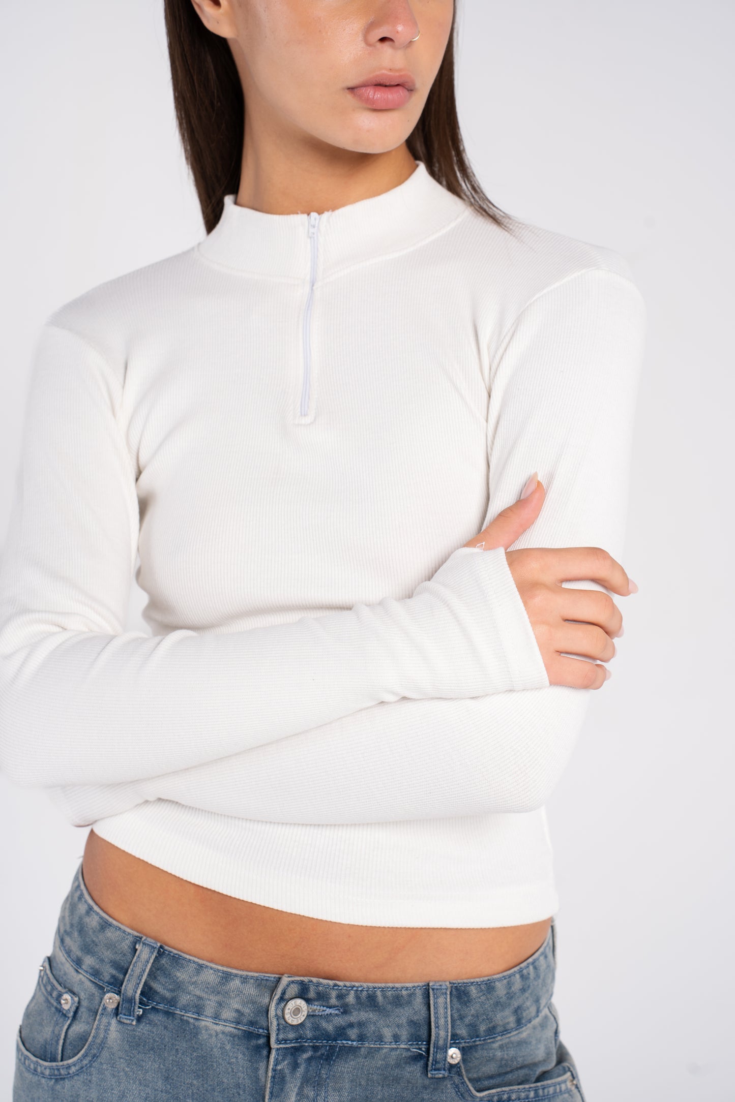 RIBBED HIGH NECK ZIPPER LONG SLEEVE