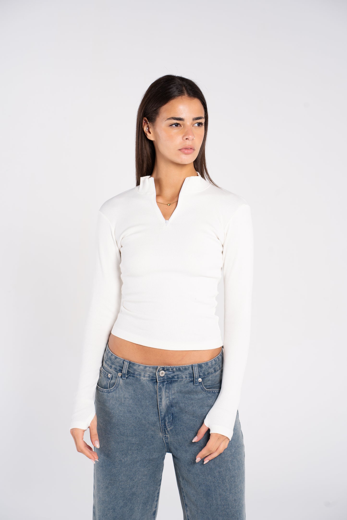 RIBBED HIGH NECK ZIPPER LONG SLEEVE