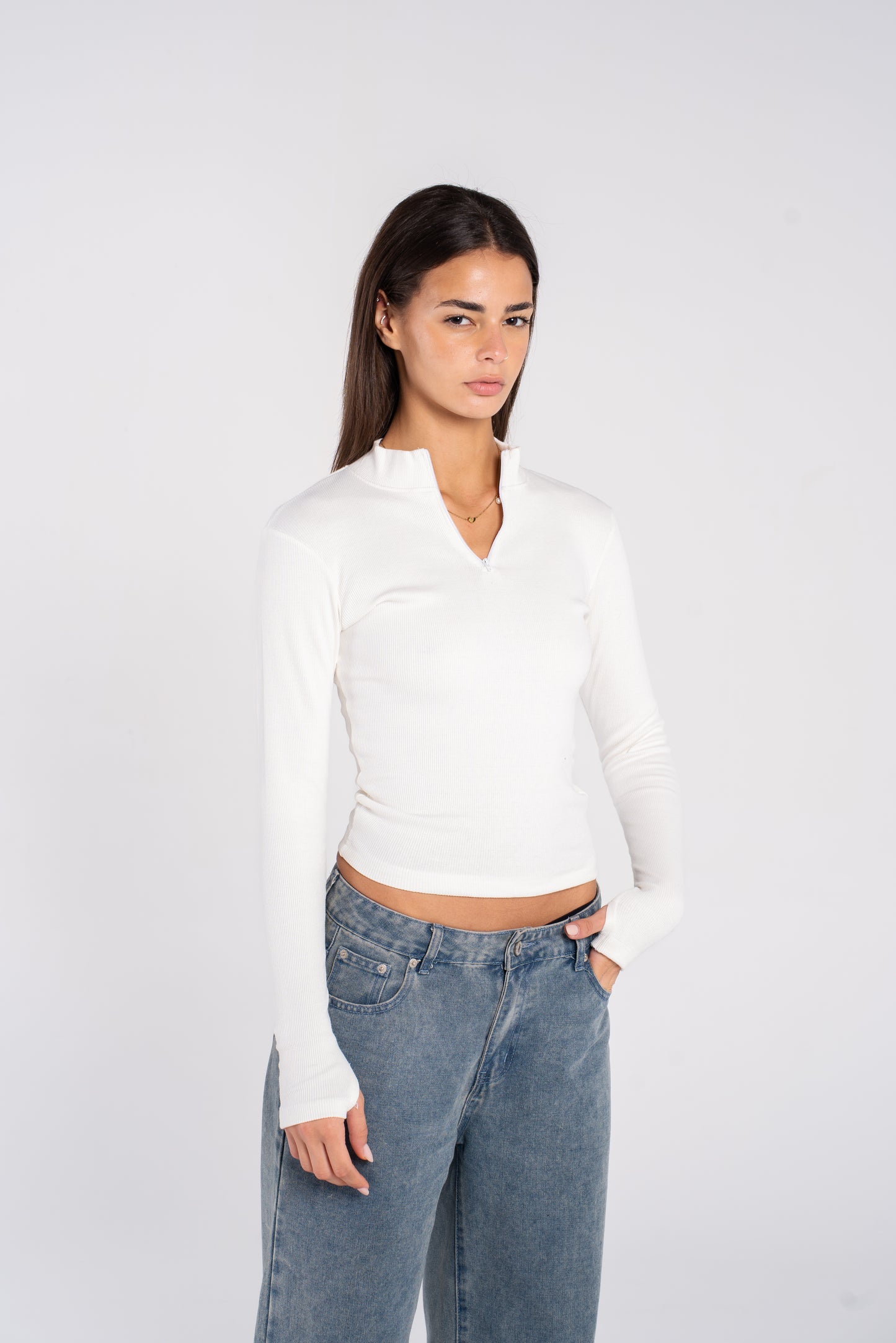 RIBBED HIGH NECK ZIPPER LONG SLEEVE